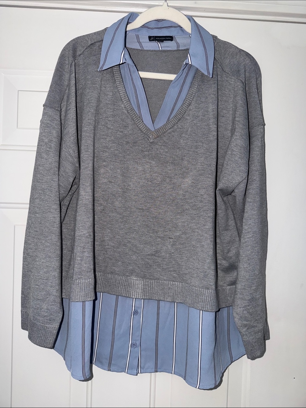 Adrianna Papelle Layered Look V-Neck Sweater with Striped Shirt. Sz 1x